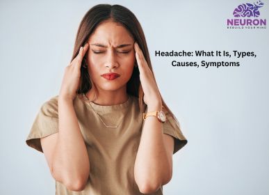 "An illustration of a person holding their head in pain, representing a headache, with labeled areas for different headache types such as tension, migraine, and cluster headaches."